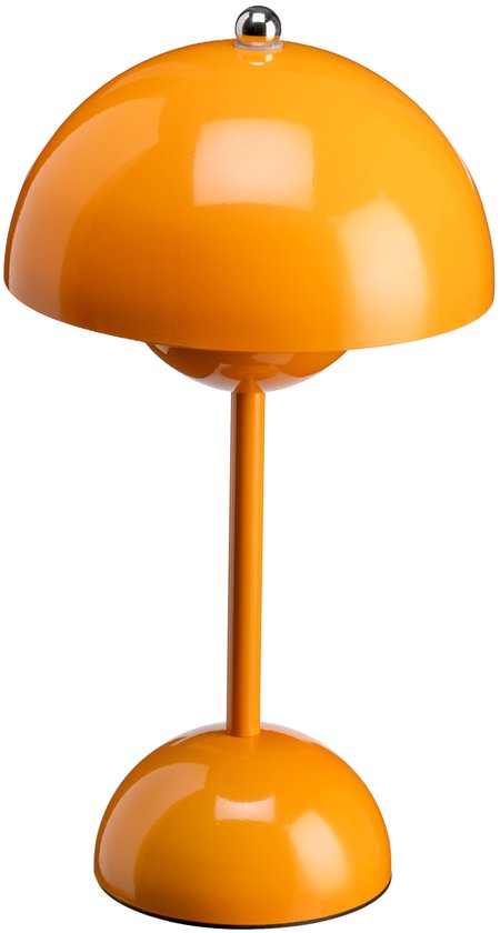 Oranje tafellamp met een ronde kap en een gebogen voet.