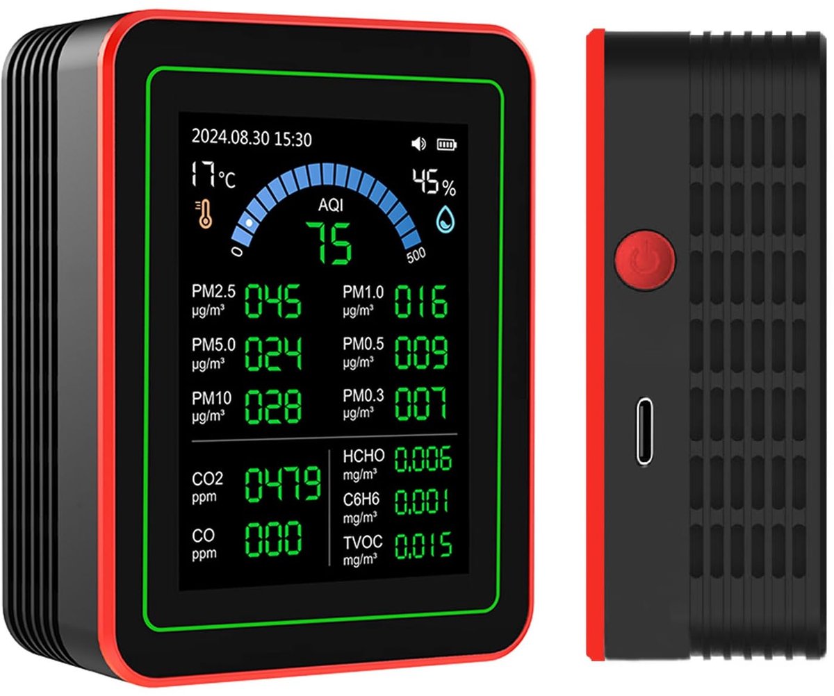 SnelShoppen - Draagbare Luchtkwaliteitsmeter 18 in 1 CO2 TVOC HCHO PM2.5 PM10 Tester Indoor Batterij Aangedreven Zwart voor Huis Kantoor Auto