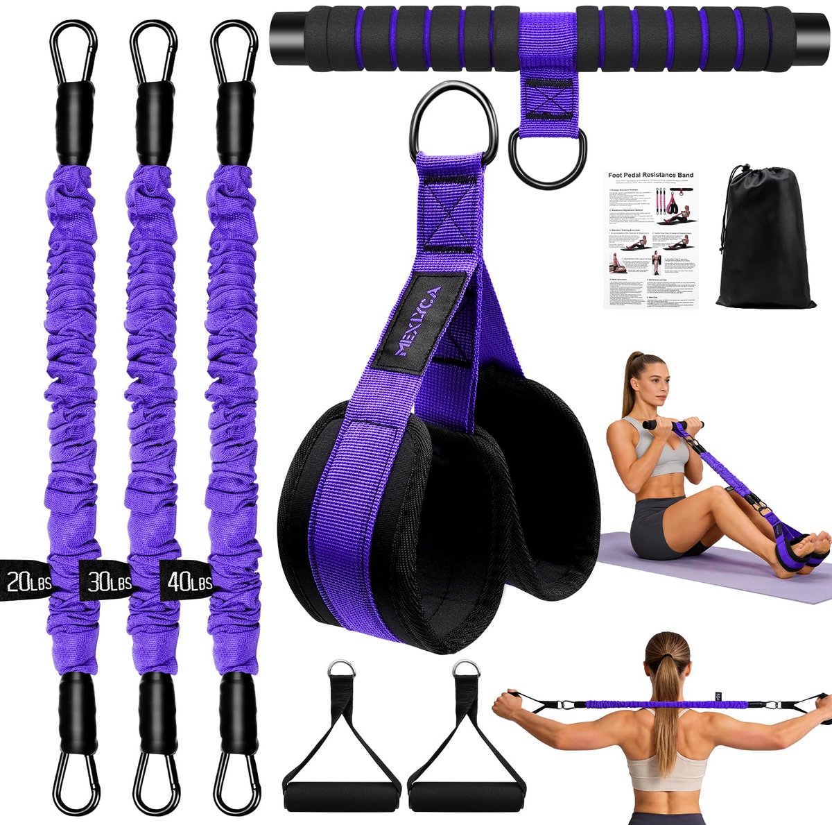 SnelShoppen - Verbeterde Pedaalweerstandsband met Handgrepen - 3 Verstelbare Weerstandsbuizen (20-90 lbs) voor Effectieve Buik, Taille, Armen, Core en