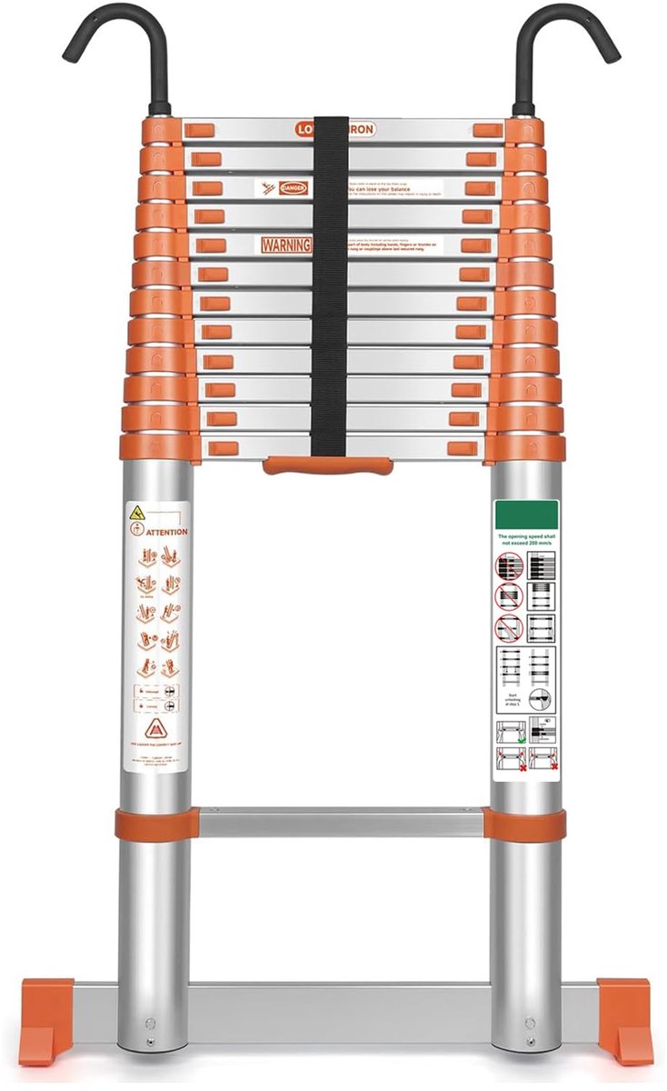 SnelShoppen - Aluminium Telescopische Ladder 5,1 m - Hoogwaardige Uittrekbare Ladder Met Afneembare Haken - Max. Draagkracht 150 kg - Antislip Inklapb