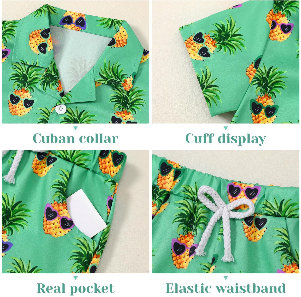 SnelShoppen - Hawaï-outfit voor jongens, 2-delige set met hemd en shorts, groen, knoopsluiting, voor kinderen van 4-10 jaar, ideaal voor strand, vakan