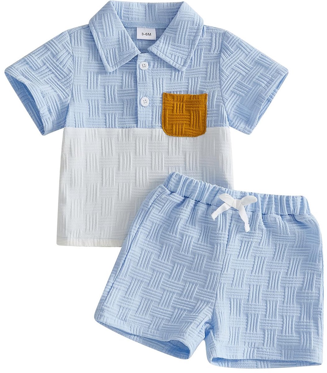 SnelShoppen - Zomeroutfits voor Babyjongens, Korte Mouwen Shirt met Kraag en Shorts Set in Contrasterende Kleuren, Geschikt voor 3 maanden tot 4 jaar,