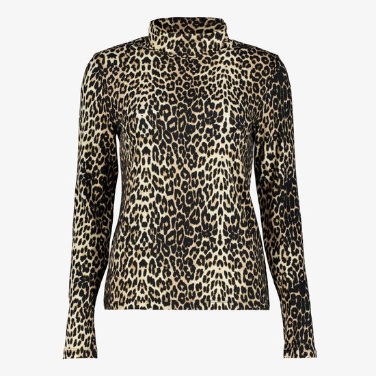 Bruine en beige coltrui met panterprint en lange mouwen.
