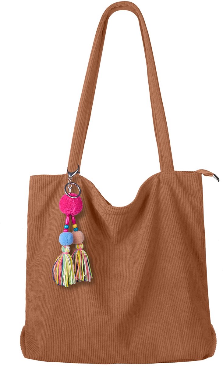 SnelShoppen - FITDON Corduroy Draagtas met Ritssluiting, Grote Capaciteit Schoudertas voor Dames, Handtas, Klassieke Bruine Boodschappentas met Binnen
