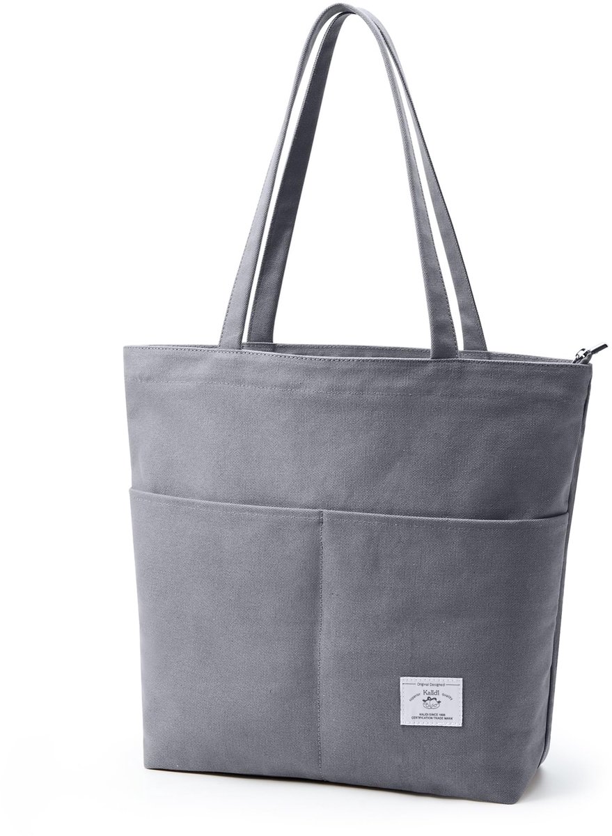 SnelShoppen - KALIDI Canvas Draagtassen voor Vrouwen met Ritssluiting - Casual Grijze Handtassen met Zak - Grote Werktassen voor School, Werk en Dagel
