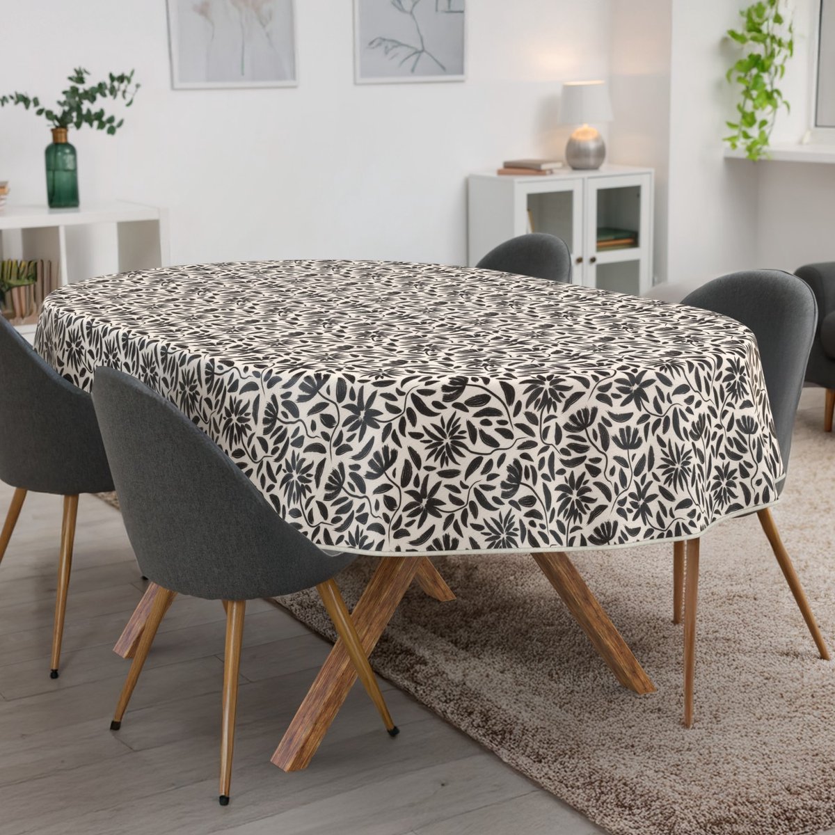 ANRO Tafelkleed Bladeren Zwart Ovaal 260x140cm Met sierband Afwasbaar Waterafstotend Binnen & Buiten