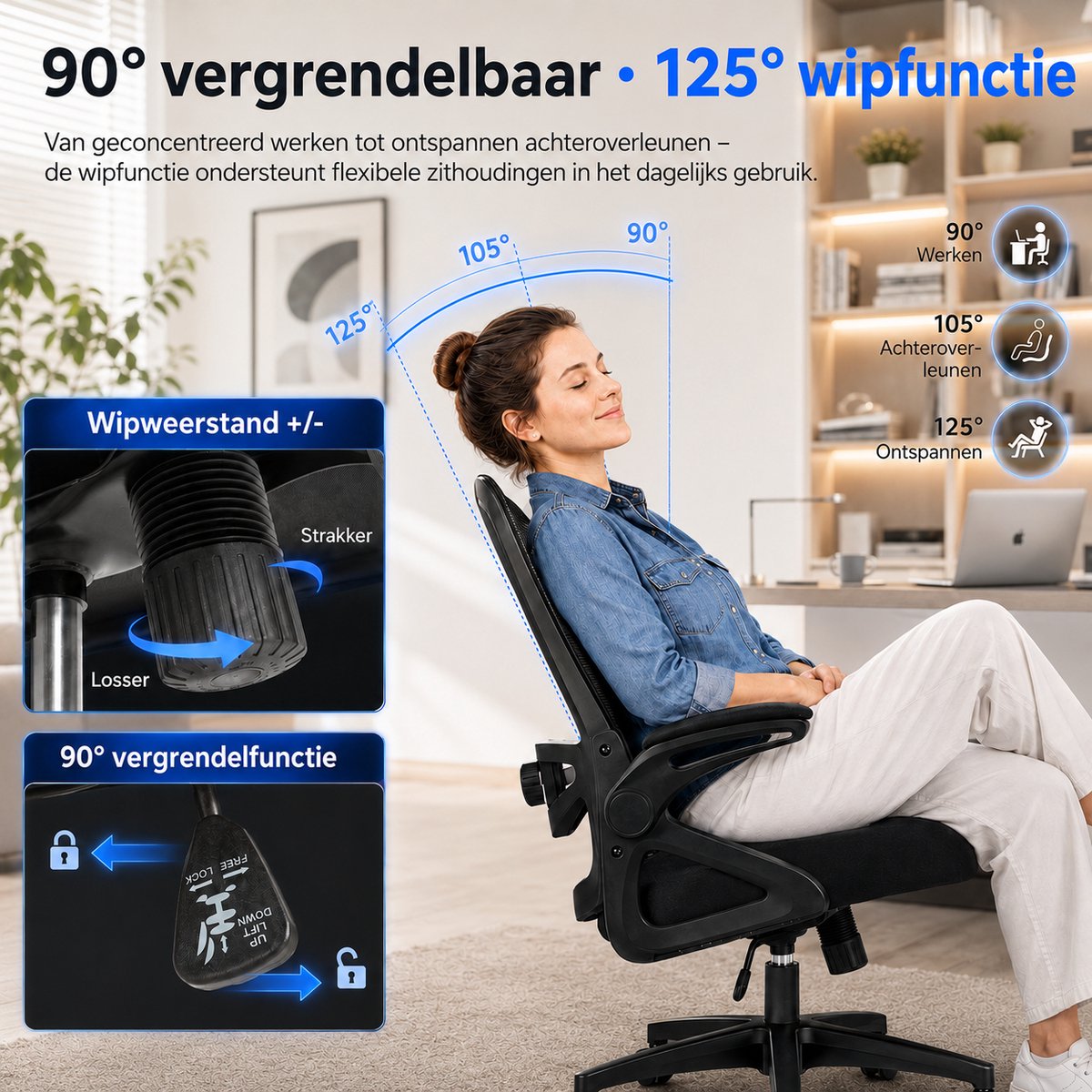 ANJI HERUI Ergonomische Bureaustoel met 4D Lendensteun - Zwart - afbeelding 2