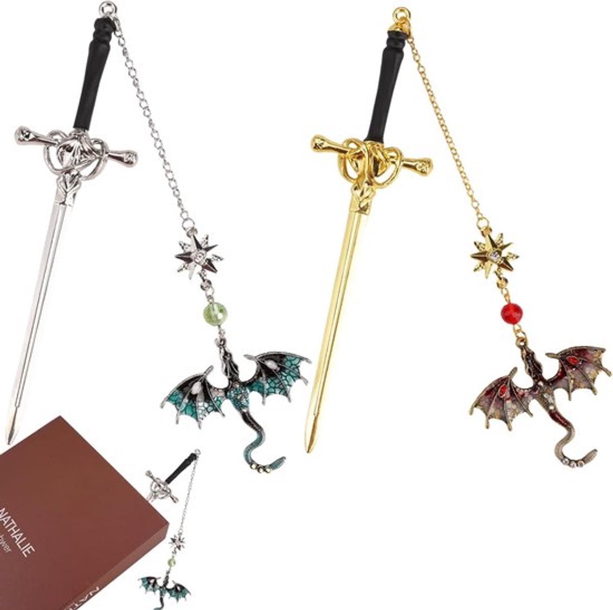 Thijox - 2 Stuks Metalen Bladwijzers met Zwaard en Draak, Gepersonaliseerde Boekenleggers met Kristallen Hanger, Creatieve Boekensteunen voor Vrouwen,