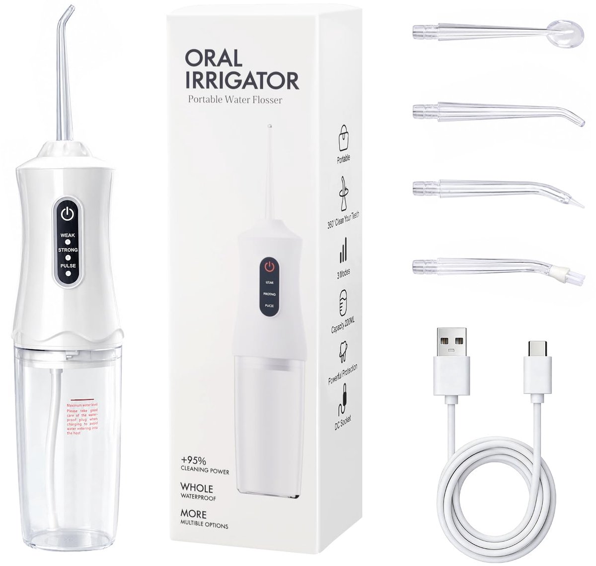 SnelShoppen - Draagbare Mondsproeier - Oplaadbare Monddouche - USB Draadloos - IPX7 Waterdicht - 4 Sproeiers - Uitneembare Container - 3 Reinigingsmod