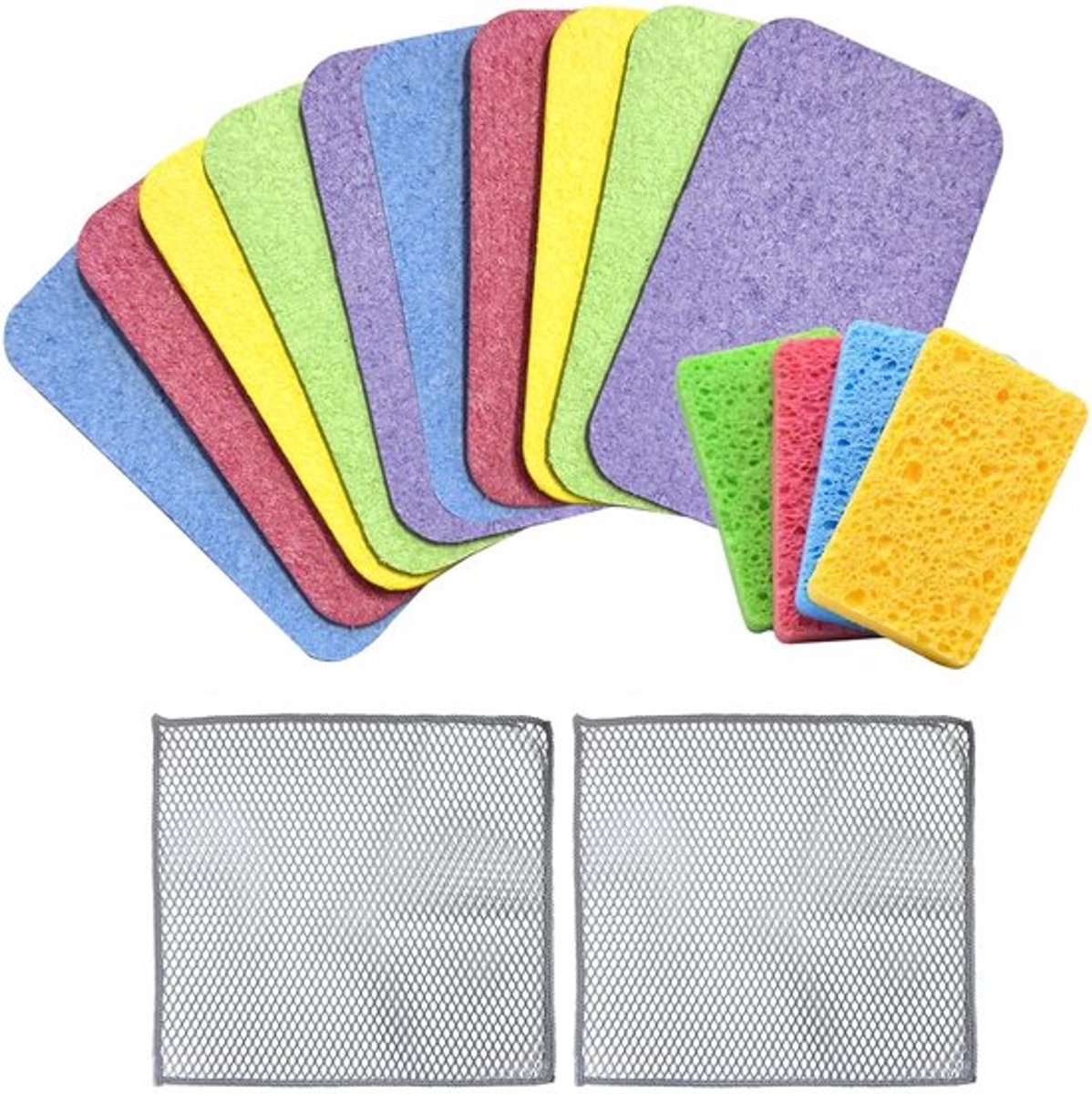 Gecomprimeerde sponzen - Reinigingsdoek - Zacht en waterabsorberend - Goudgeel, blauw, groen, roze, paars - 10 stuks - Geschikt voor afwa...