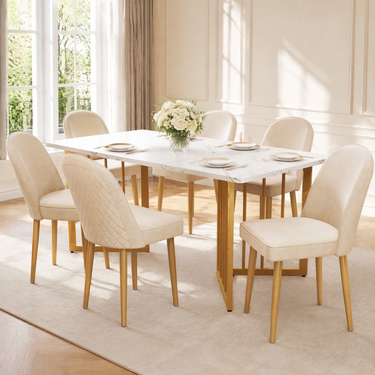 MEUNIQ Eetkamerstoel set van 6, beige fluwelen stoel met gouden metalen poten, gebogen hoge rugleuning en gewatteerde zitting, 45,5 x 62 x 87,5 cm