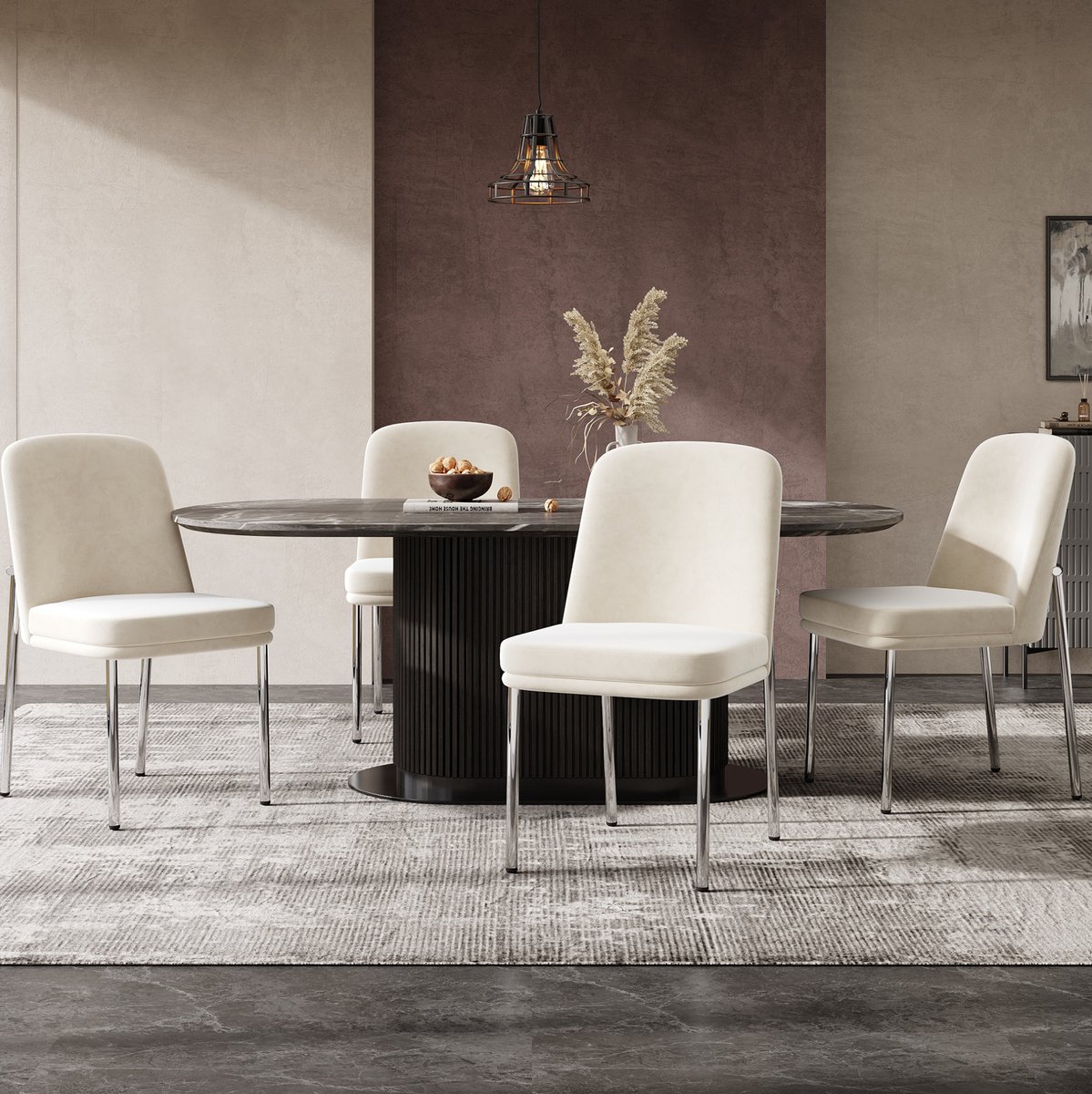 MEUNIQ Eetkamerstoel set van 2 met dikke gewatteerde zitting, beige velvet en zilverkleurig metalen onderstel, moderne stoel voor eetkamer