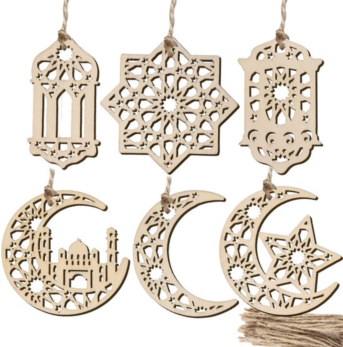 Decoratie Houten Hangende Hangers - 24 Stuks - Eid Ramadan Decoratie - Lichtgewicht - Veil