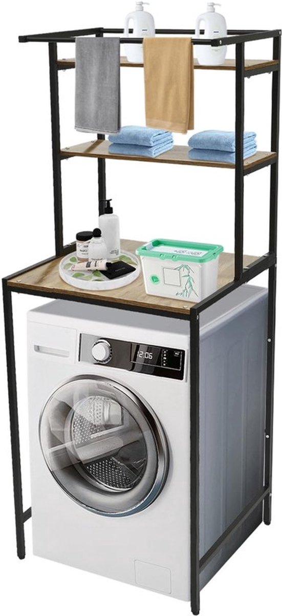Wasmachinerek met 3 planken - Opbergrek metaal/hout - Etagerek - Modern design - Zwart/eik - Draagvermogen 10 kg per etage