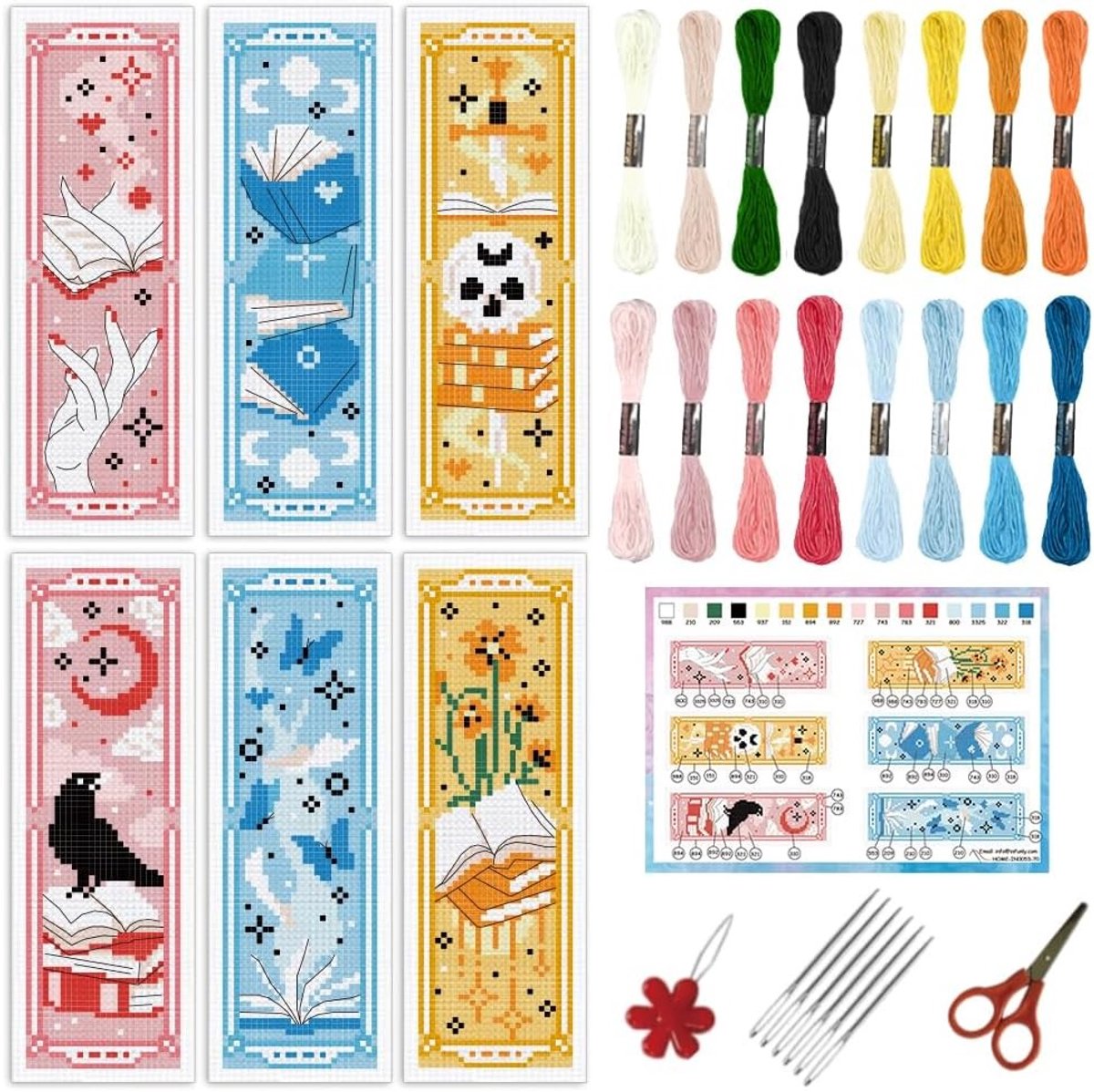 6 Stuks Boeken Kruissteek Boekmerk Kit voor Beginners - DIY Vlinder en Bloem Borduurset met Maan en Vogel - Eenvoudige Kruissteek Set met Instructies voor Boekliefhebbers