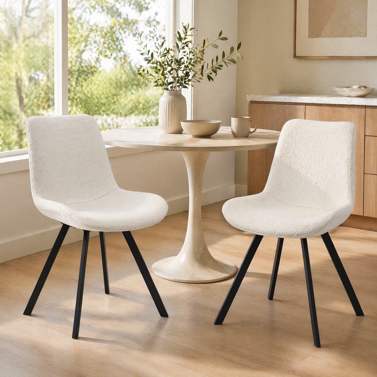 MEUNIQ draaibare eetkamerstoel set van 2, 360° kuipstoelen met stof en metalen poten, wit, voor eetkamer, keuken of thuiskantoor