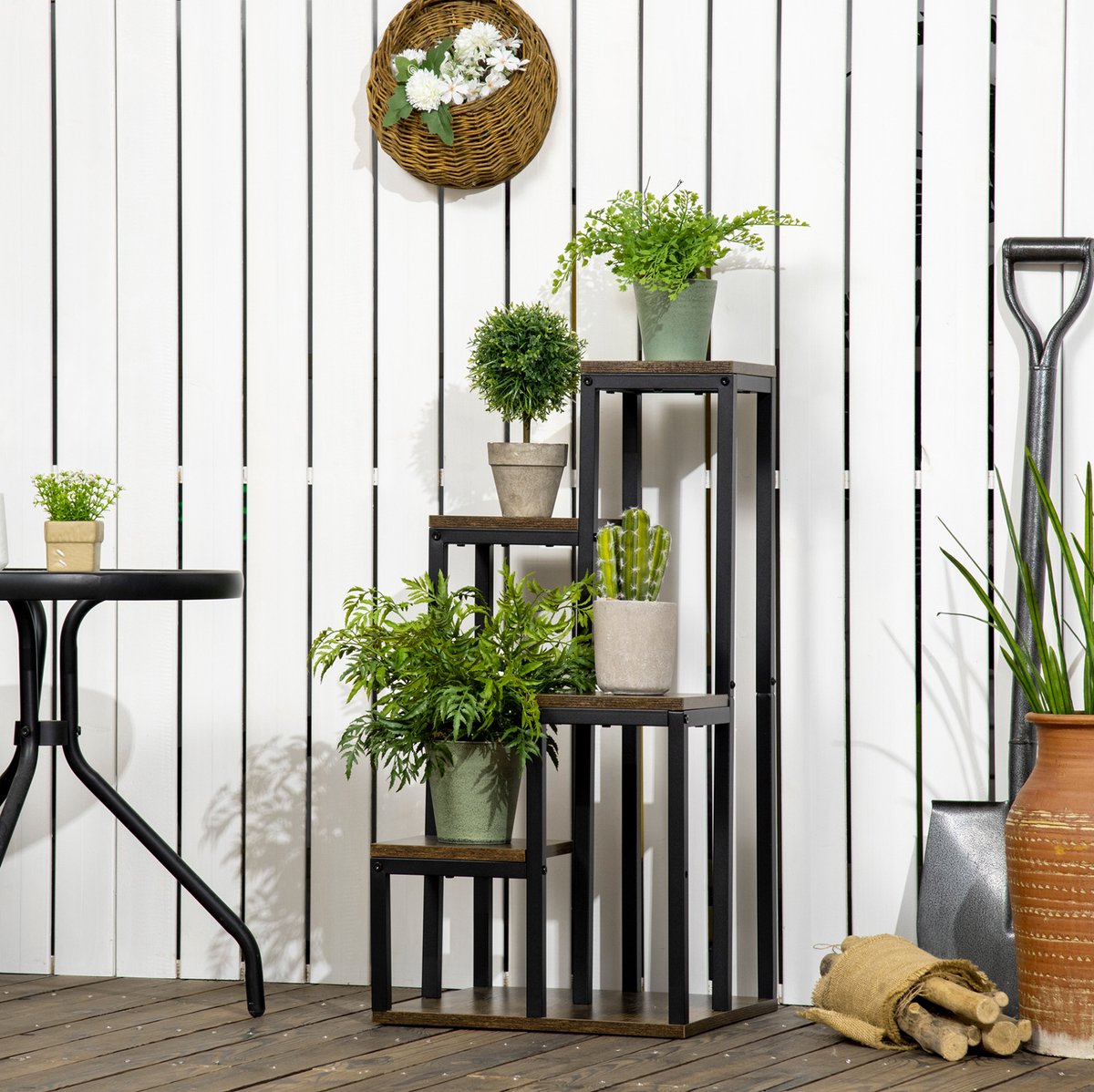 HAUSS SPOLE Ladderkast - 40 x 40 x 81 cm - Vier Niveaus - Spaanplaat En Staal - Bruin - Voor Planten En Decoratie Binnen En Buiten