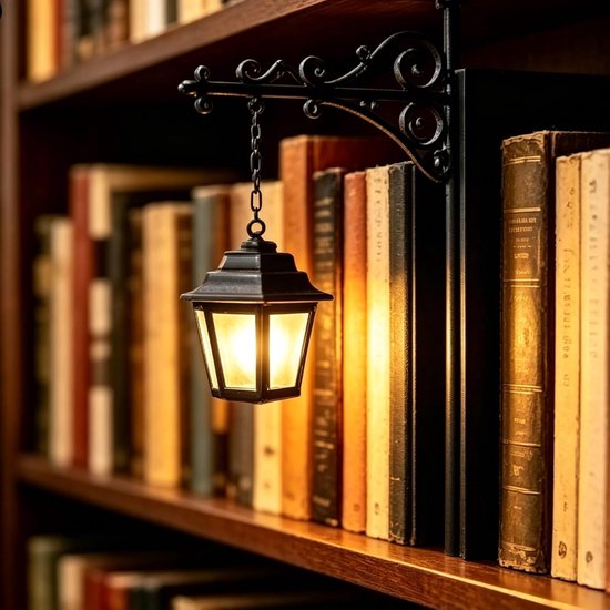 Foto: Boekensteun met lamp miniatuur boekenplank lantaarn decoratieve sfeerlamp tussen de boeken geschikt voor boekenplank leeshoek en bureau zwart