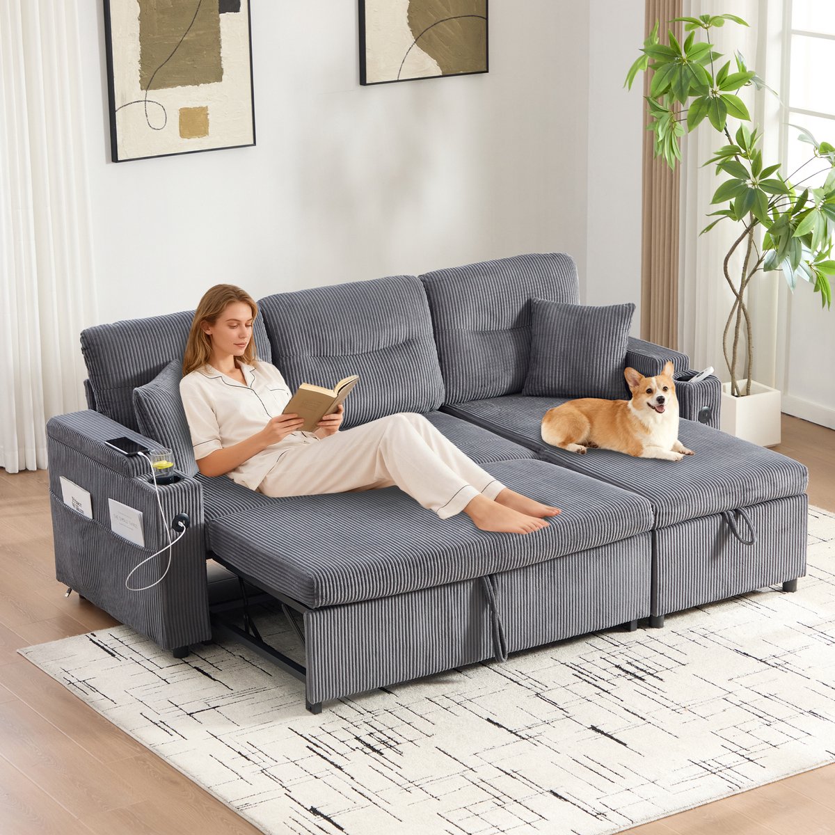 3-Zitsbank Corduroy - Slaapbank Met Chaise Longue, Opbergruimte En USB-C