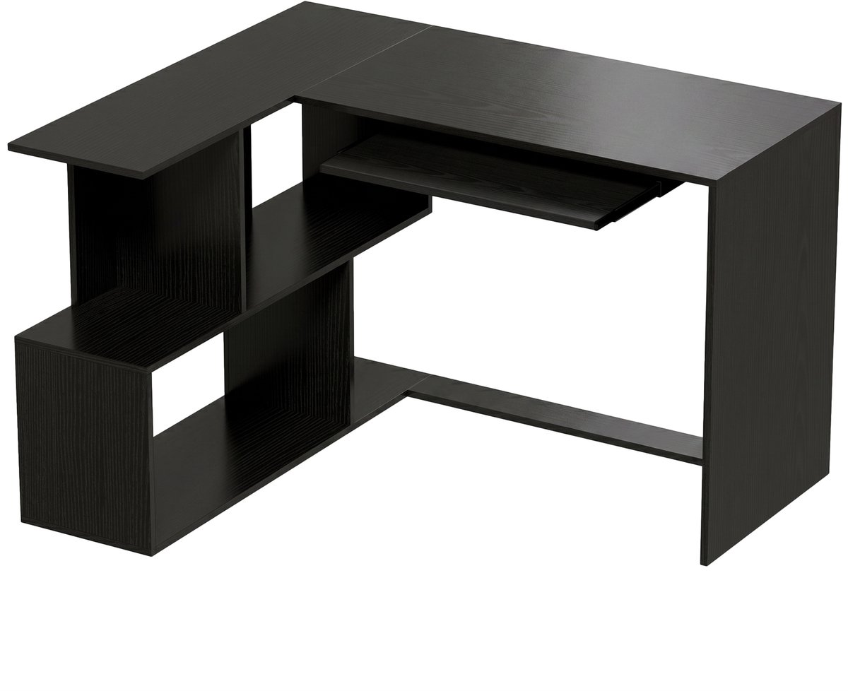 TEKROA® Hoekbureau L-Vormig Computerbureau met Toetsenbordhouder en 4 Open Vakken - Bureau Gaming - 120x100x76 cm - zwart