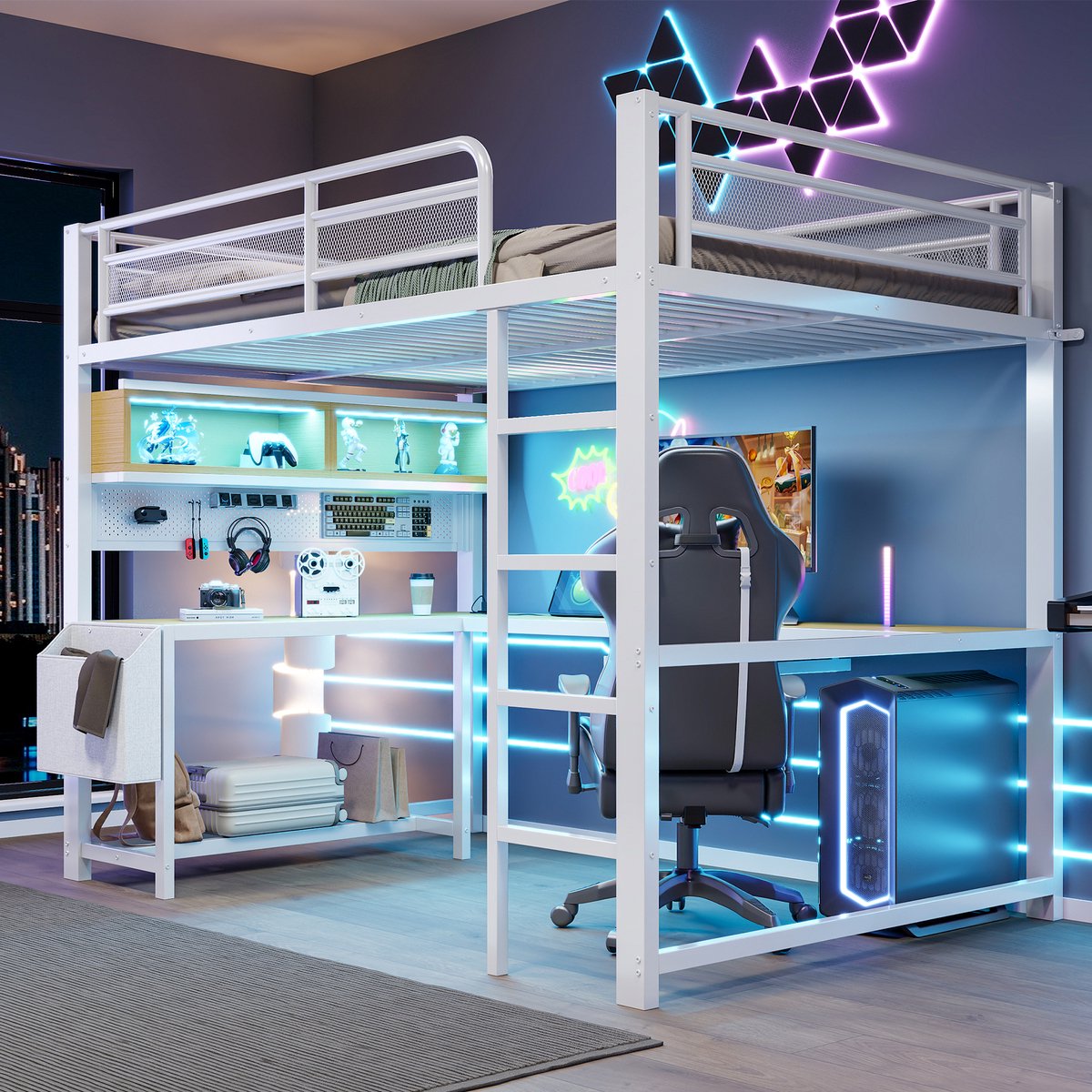 Gaming Hoogslaper (140 X 200 cm) Met Bureau, Tienerhoogslaper, Tweepersoonsbed, Toetsenbordlade, Opbergvakken, Ledverlichting En Oplaadstation - Wit