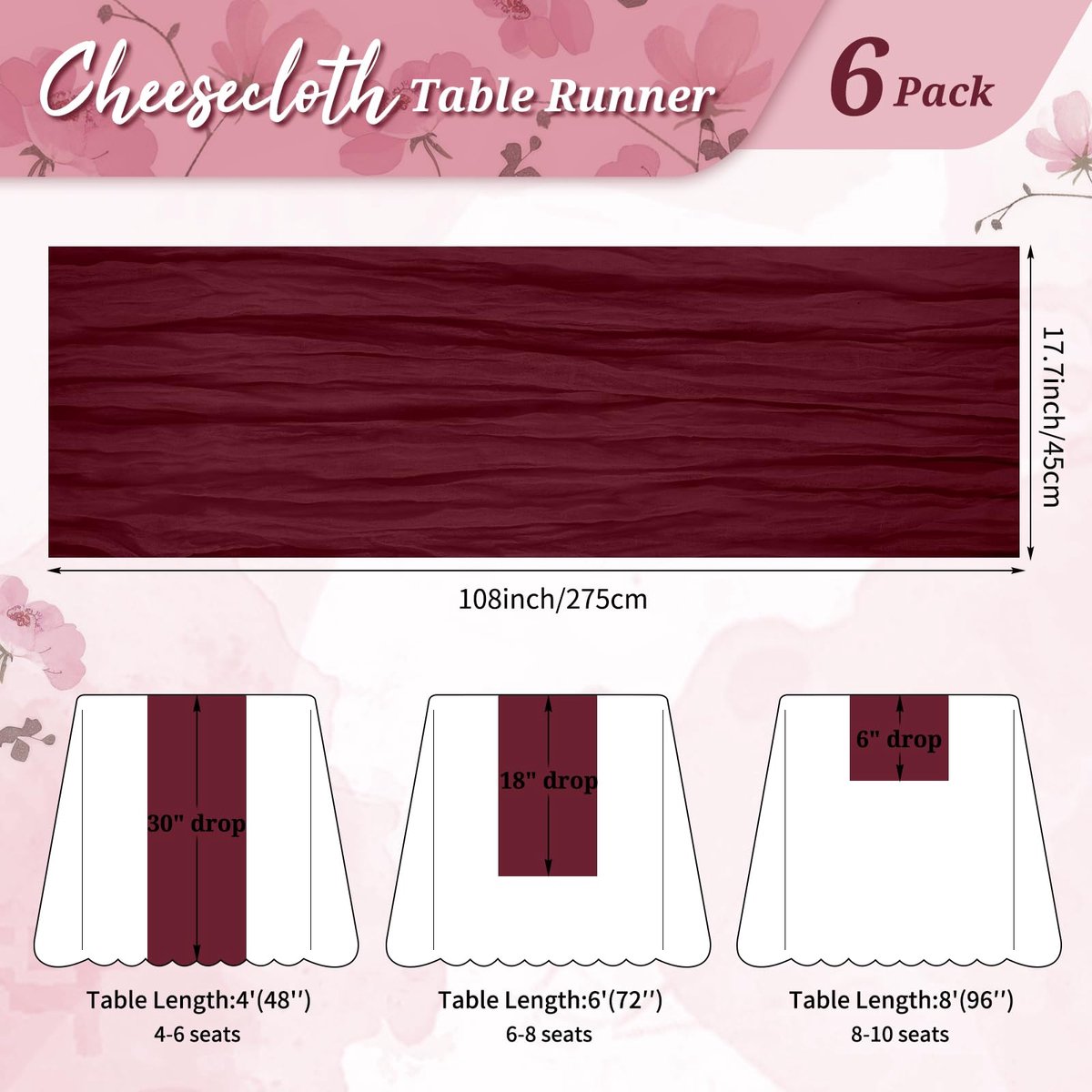 SnelShoppen - 6 stuks Bourgondische kaasdoek tafelloper 45 x 275 cm, rustieke gaas stof tafelloper voor bruiloften, festivals, jubilea, diners, buiten