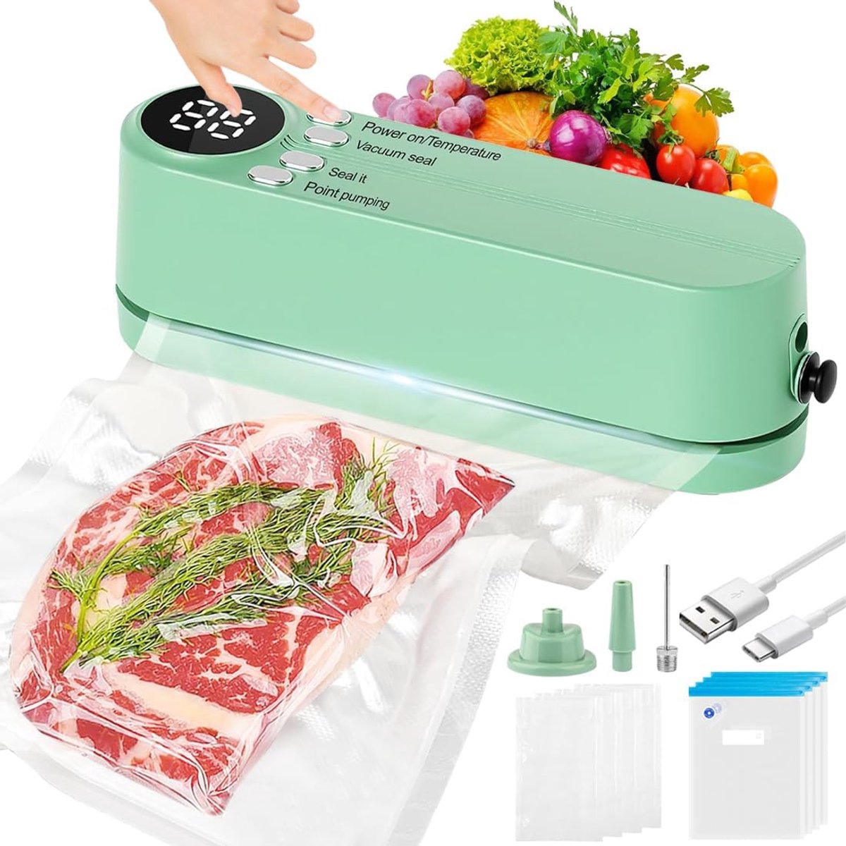 Vacuümsealer, 3-in-1 oplaadbare voedselsealer, handheld voedselvacuümsealer met 8 vacuümsealzakken, draagbare zakverzegelaar Mini, voor conserveringssnacks en opslag van voedsel