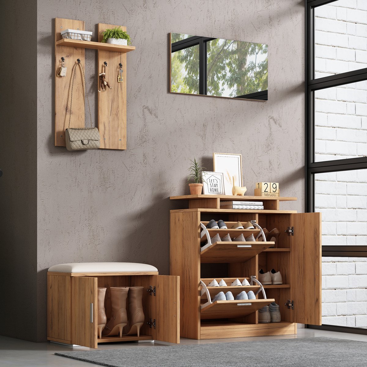 Schoenenkast - 5-delige garderobeset met bank, schoenenkast, spiegel & 4 haken - 140x133x35 cm - Natuur