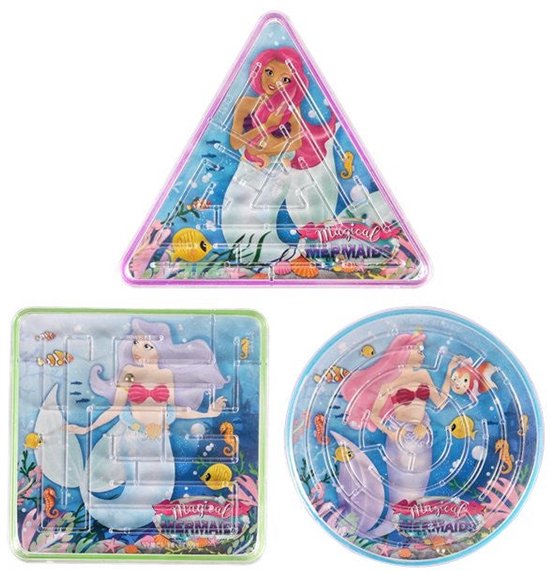 Drie doolhofspelletjes: driehoekig met roze zeemeermin, vierkant met blauwe zeemeermin en rond met roze zeemeermin.