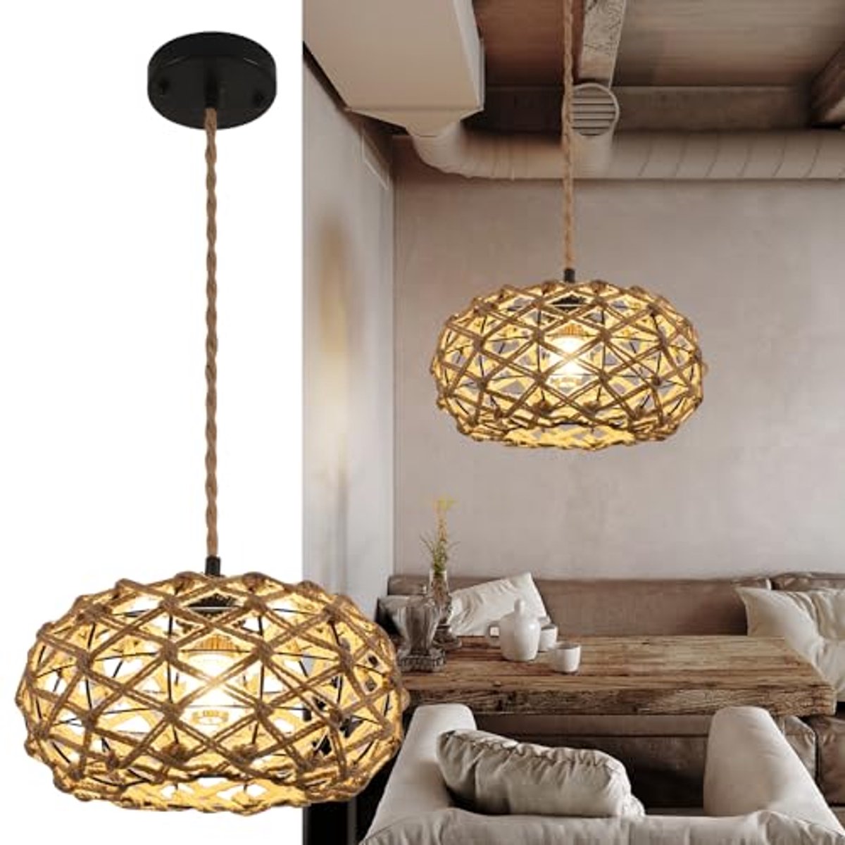 Riserva Ronde Hanglamp Zwart Linnen Kleur Landelijk Stijl IJzer Touwconstructie E27 Max 60W 220-240V Zonder Lichtbron