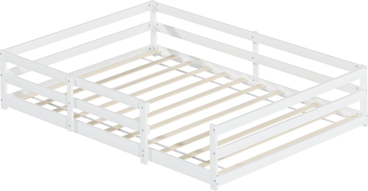 Montessori Kinderbed 140x200 cm - Massief Grenenhouten Vloerbed met 40 cm Uitvalbeveiliging - Wit Peuterbed met Lattenbodem - Max. 200 kg