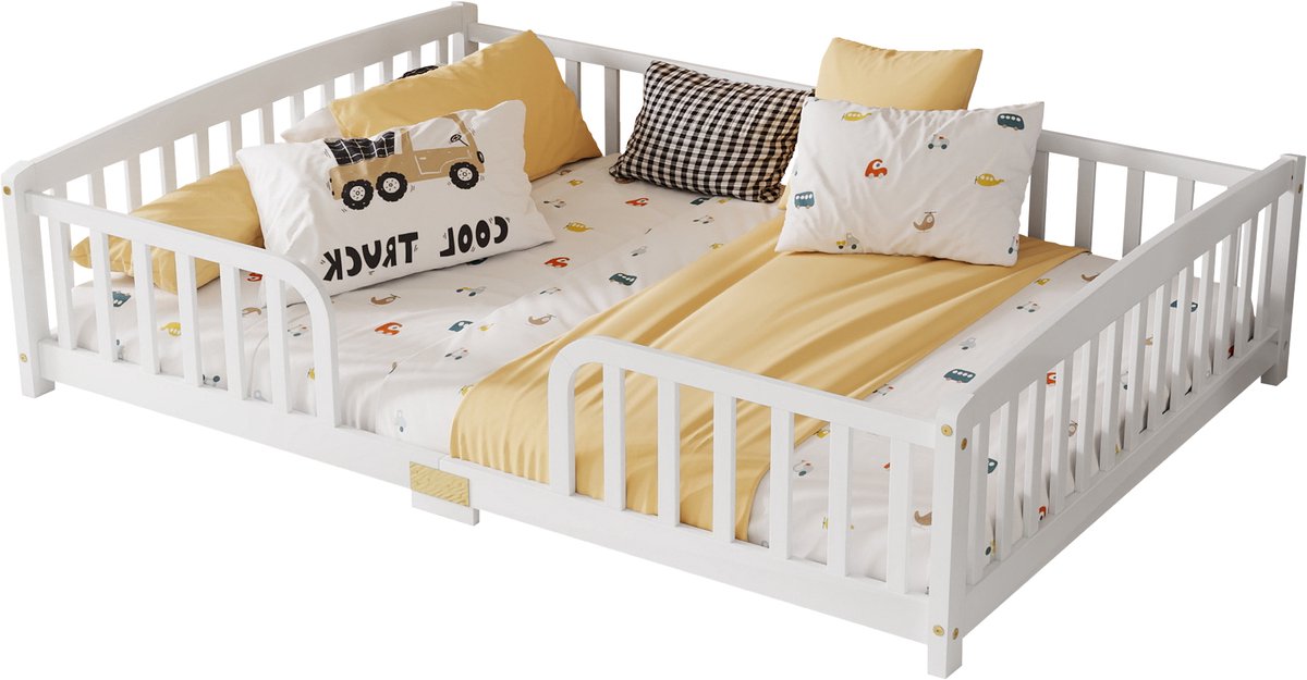 Grondbed - Kinderbed - Montessori Bed - Met Veiligheidshek - Massief Hout - Slaapkamer - 140x200 cm - Wit