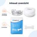 Inhoud van PurelyGoods anti-snurk kit: verstelbare snurkbeugel met opbergdoos, 33 neusstrips in zakje, en losse neusstrips.