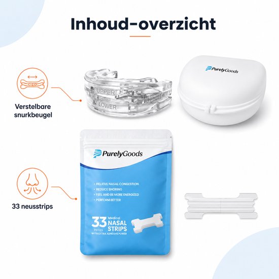 Inhoud van PurelyGoods anti-snurk kit: verstelbare snurkbeugel met opbergdoos, 33 neusstrips in zakje, en losse neusstrips.