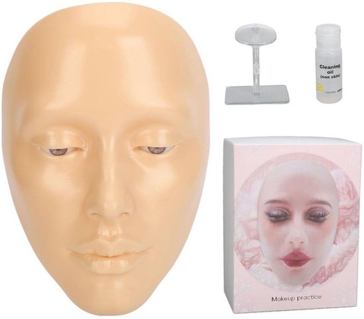 Oefengezichtsbord 5D - Herbruikbare Siliconen Mannequin - Realistische Textuur - Standaard voor Stabiliteit - 20 Ml Make-up Verwijderaarolie