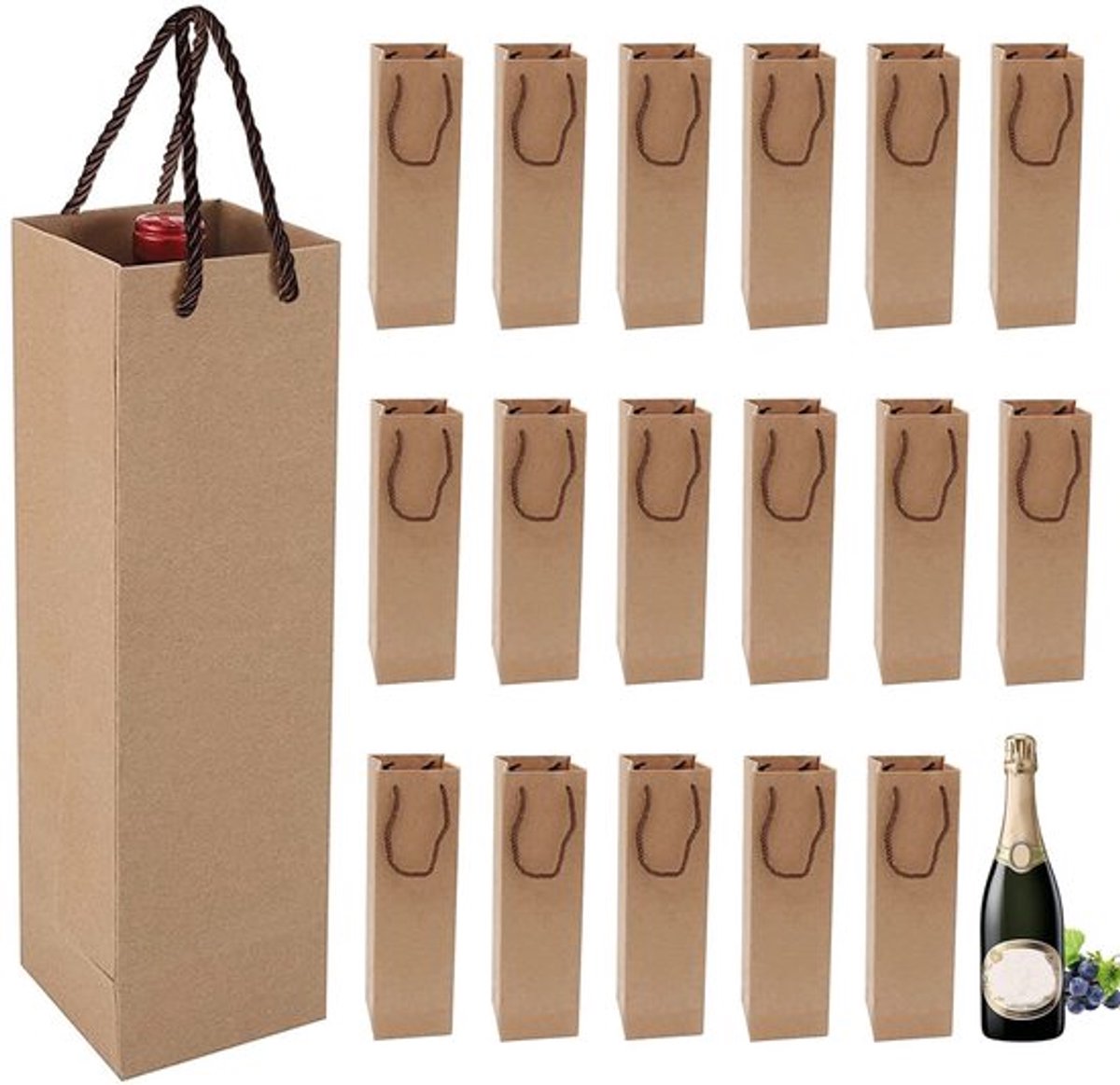 Cadeauzakjes met handvat - Kraft Papier - 20 Stuks - Bruin - Wijnzak - Grote Capaciteit - 9,5 x 9,5 x 35 cm