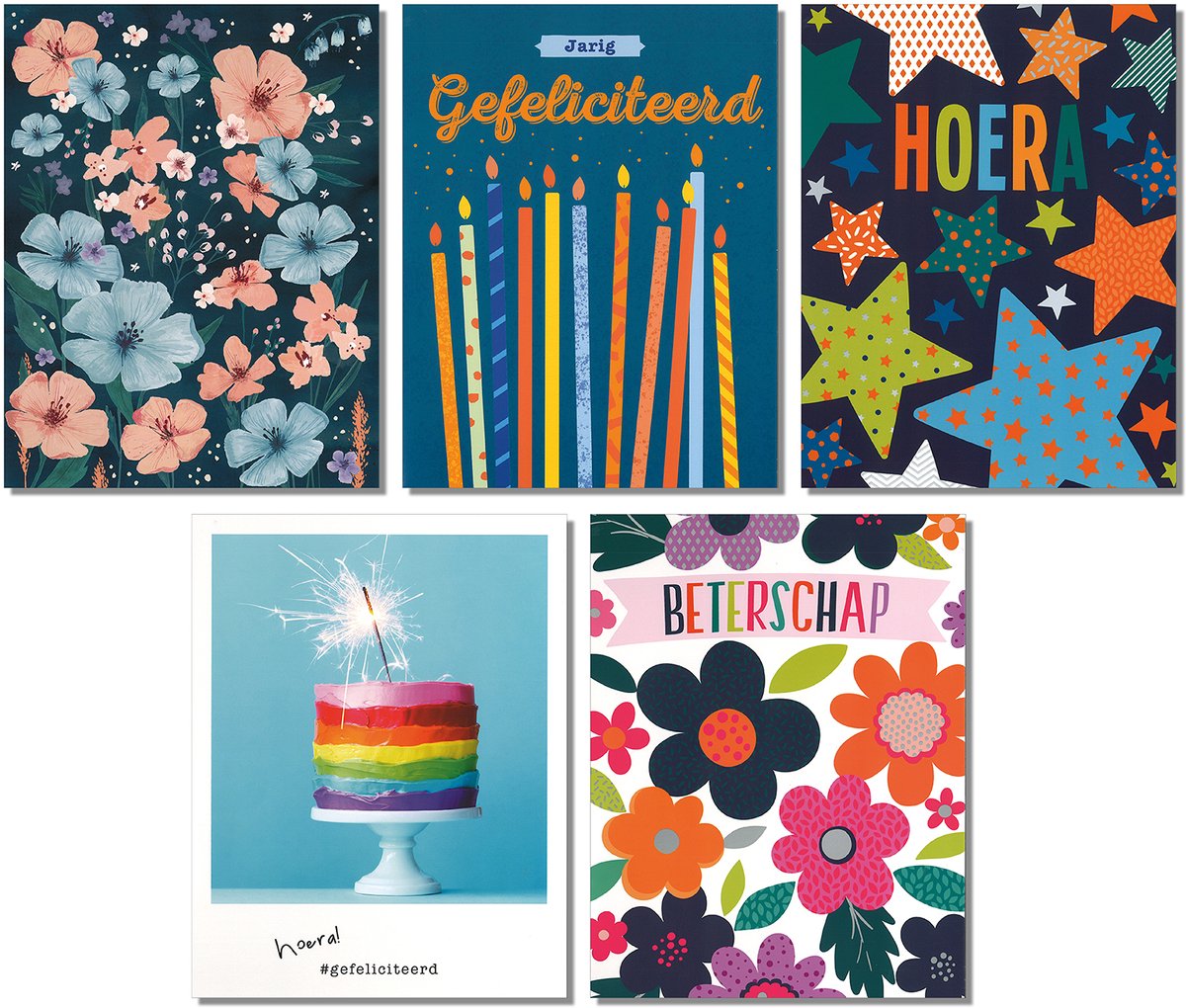 MGPcards - 5x A4 plus wenskaarten met envelop - Gefeliciteerd - Beterschap - Hoera - Bloemen zonder tekst - 23x29.7 cm