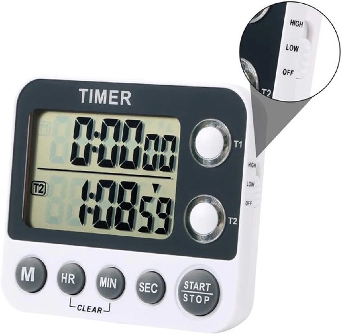 Witte keukentimer met dubbele functie, digitale kookwekker, 2-in-1 wekker, magnetische keukenklok, afteltimer, stopwatch, luide eierwekker, geschikt voor koken.