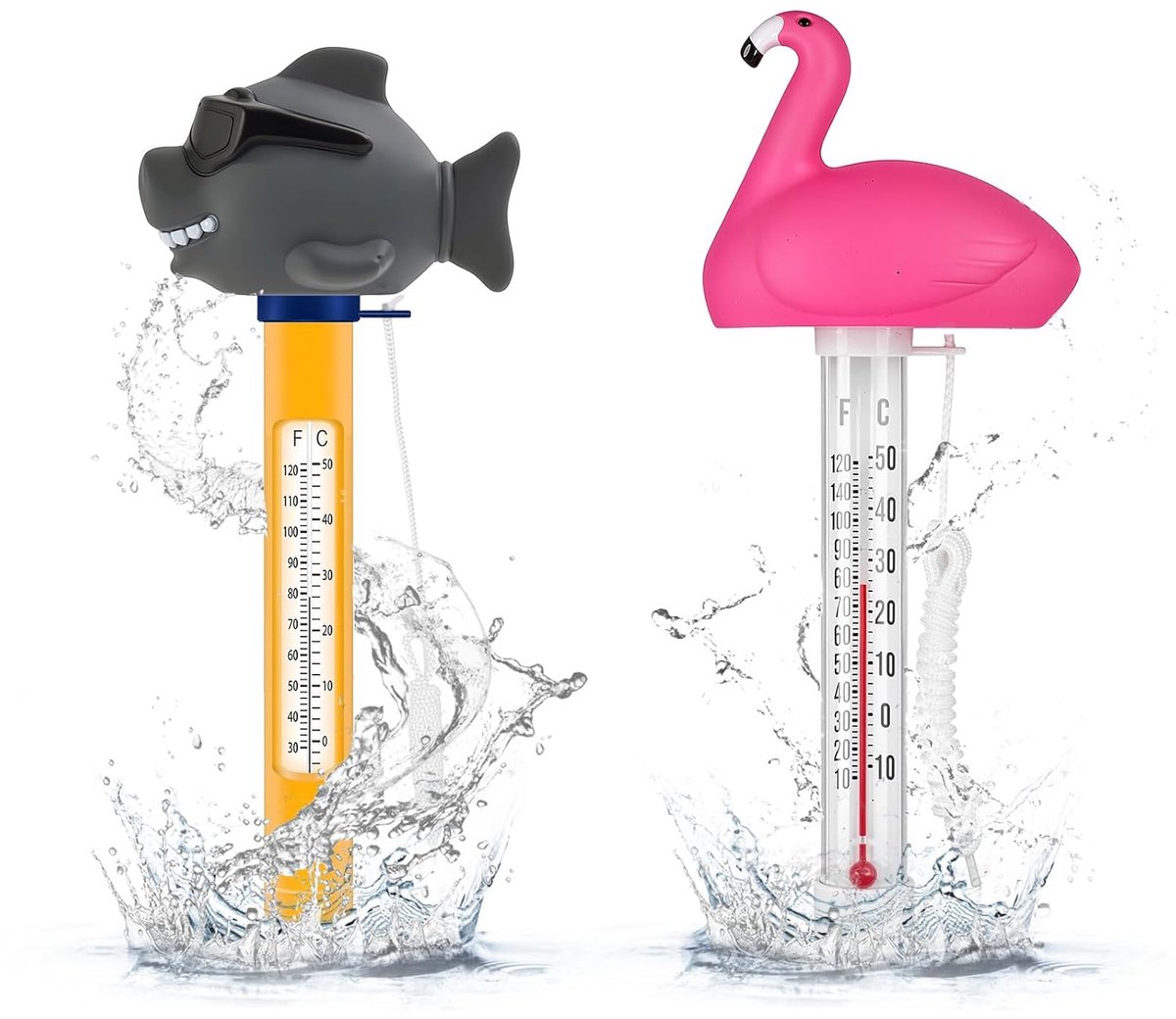 SnelShoppen - 2 Stuks Drijvende Zwembadthermometers Flamingo en Squalo - Waterthermometers voor Tuin, Camping en Kinderen - Kleurig en Leuk voor Feest