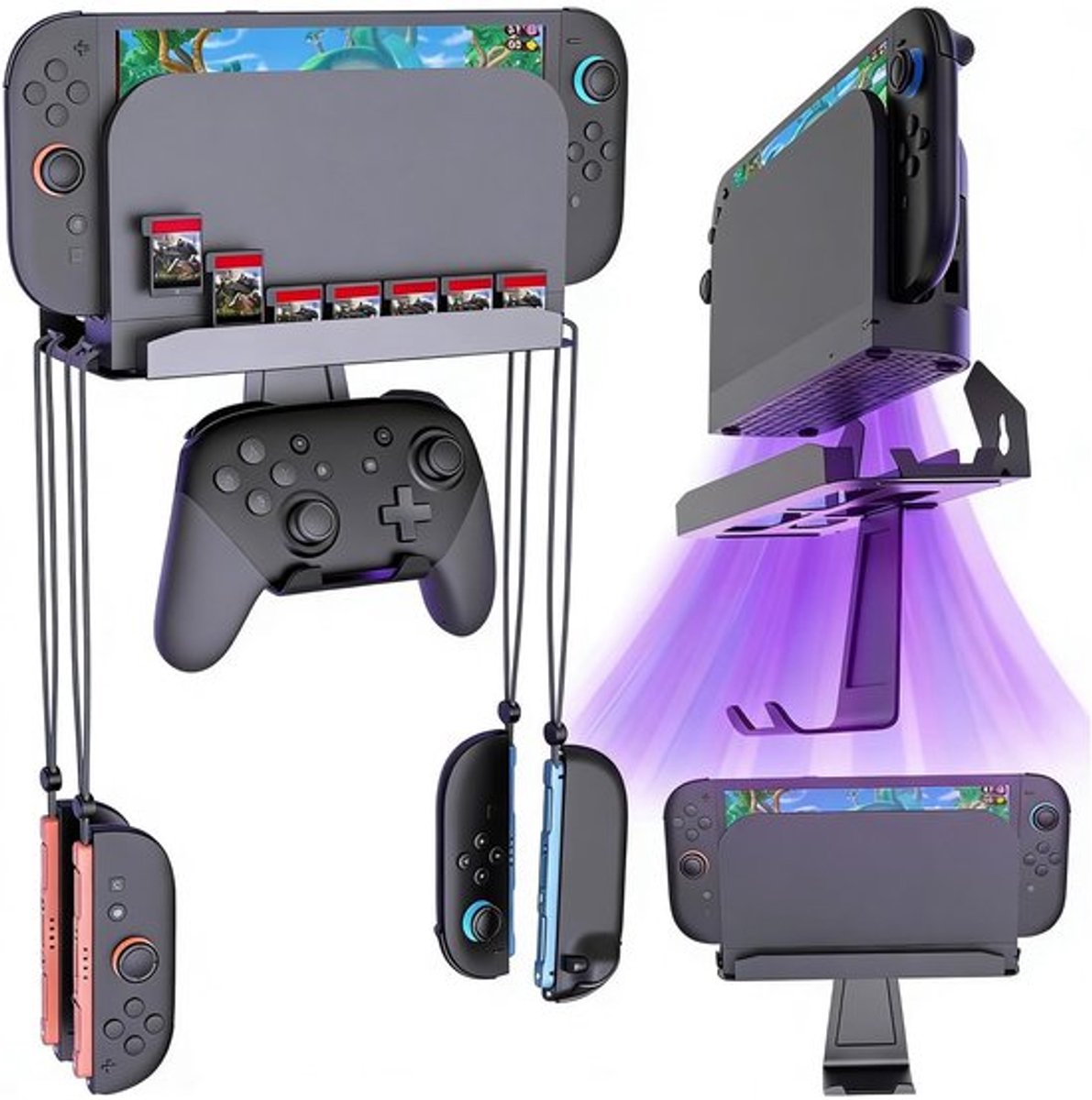 Wandhouder voor Switch 2 met Metalen Haken en Kaartsleuven