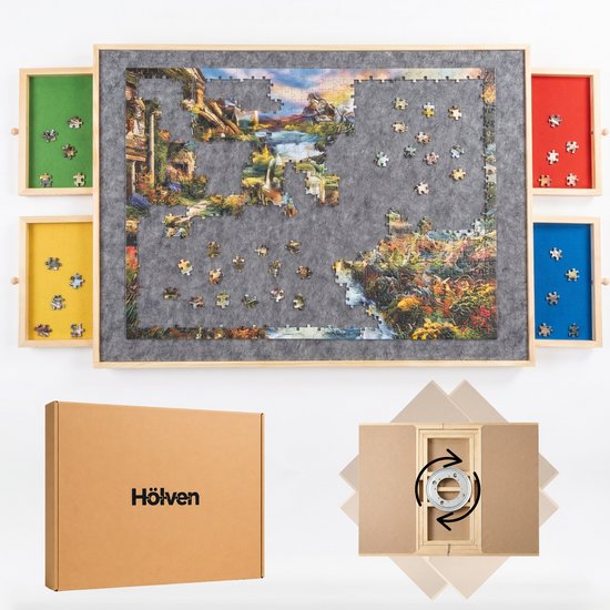 Puzzelbord met een landschapspuzzel met watervallen en tuinen. Vier sorteerlades in groen, rood, geel en blauw. Inclusief verpakking en draaisysteem.