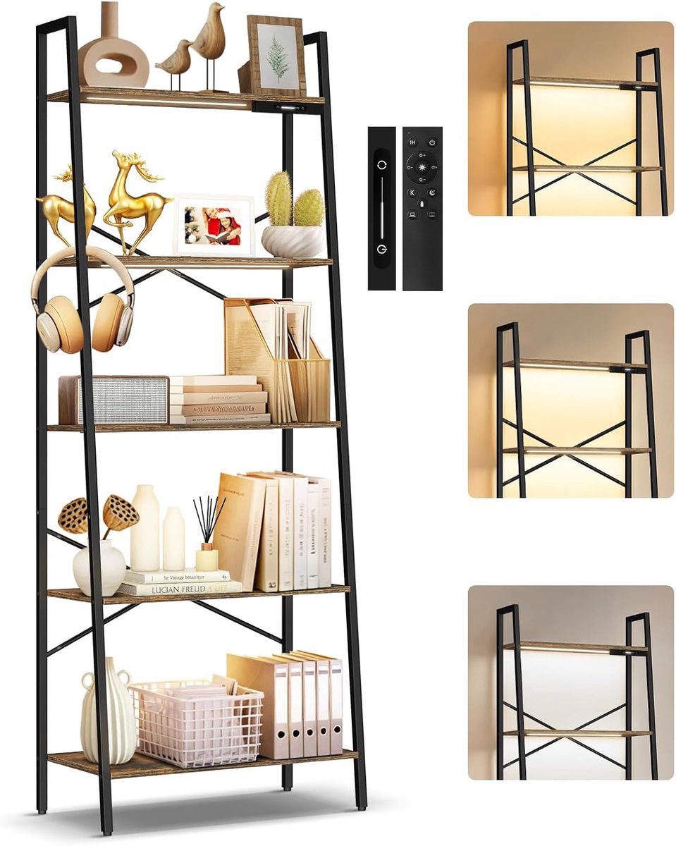 SnelShoppen - Ladderrek Met 5 Niveaus, LED-Verlichting, Smalle Opslagboekenplanken, Industrieel Boekenrek Voor Woonkamer, Modern Design, Multifunction