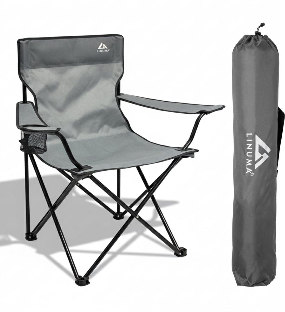 SnelShoppen - Vouwstoel Grijs - Inklapbare Relaxstoel met Bekerhouder en Draagtas - Perfect voor Camping, Tuin, Feest en Buitengebruik