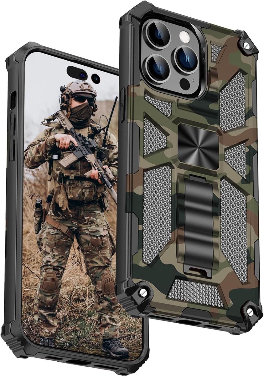 Militaire Schokbestendige Telefoonhoes voor iPhone 15 Plus met Camouflage Ontwerp en Standaard, Robuust en Antikras Bescherming voor Actieve Gebruikers