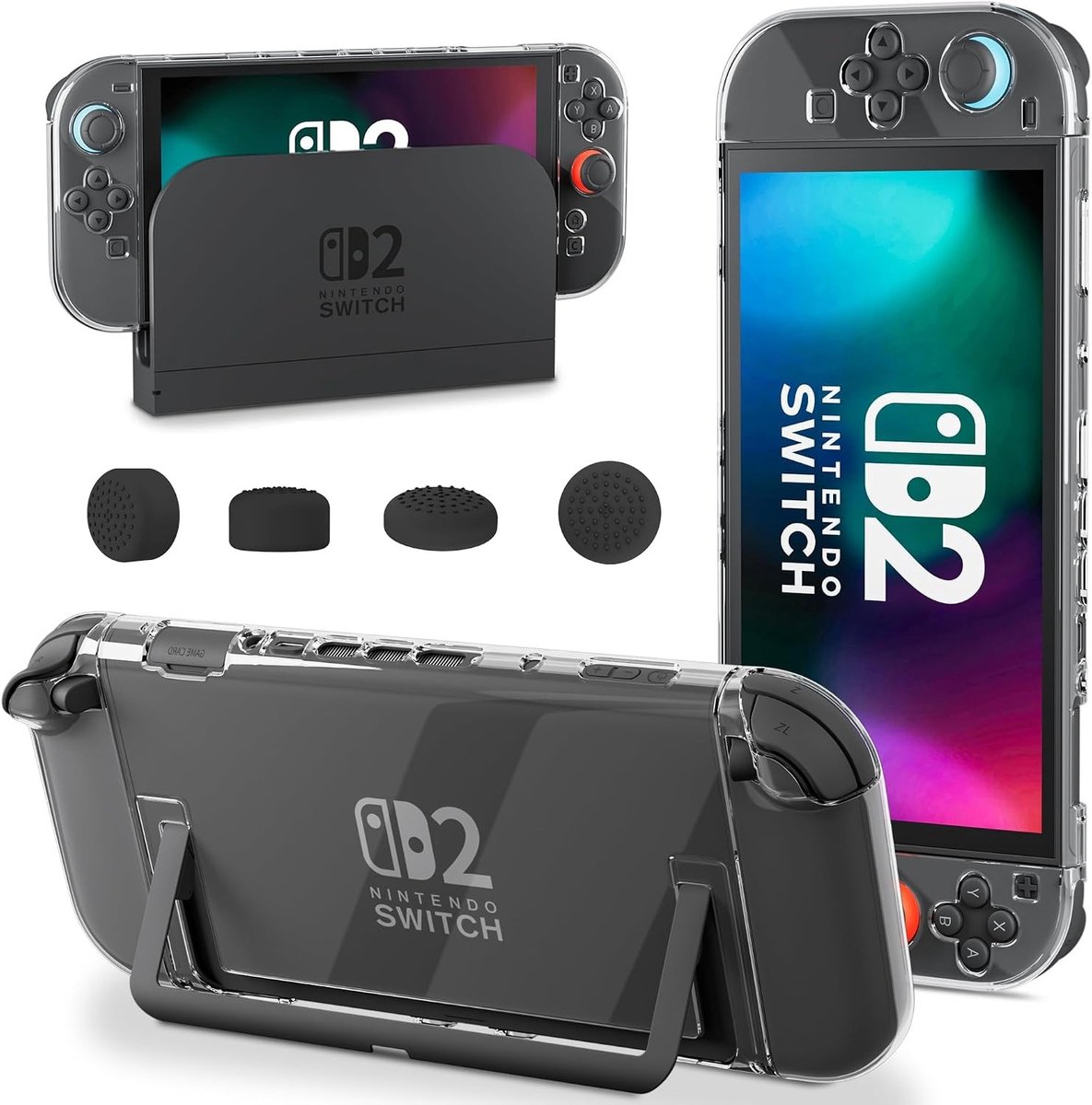 Transparante harde hoes met schermbeschermer en 4 duimgrepen voor Nintendo Switch 2, afneembare Joy-Con covers, ultradun en krasbestendig, perfect voor gamers