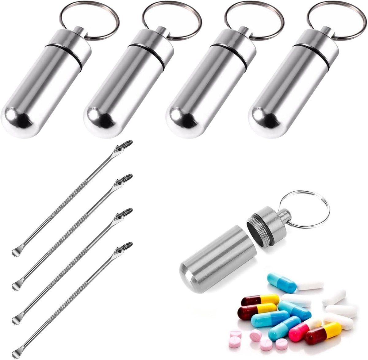 Set van 4 aluminium pillendoosjes met luchtdichte sluiting, compact en praktisch voor onderweg, ideaal voor medicijnen en vitamines