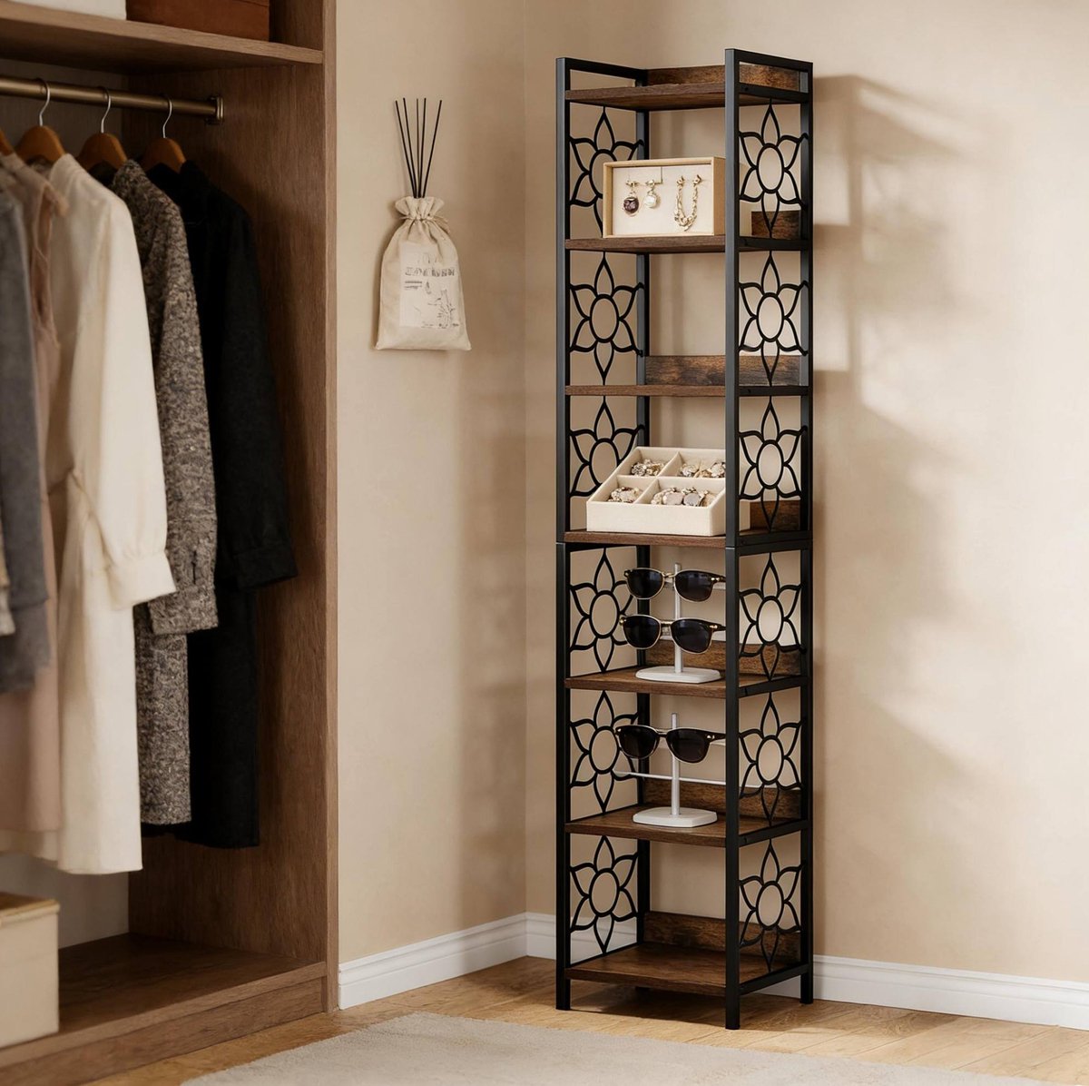 Boekenkast Hoekkast 200 Cm Zwart En Rustiek Bruin MDF Metaal 7 Etages Open Wandkast Voor Woonkamer Balkon En Planten