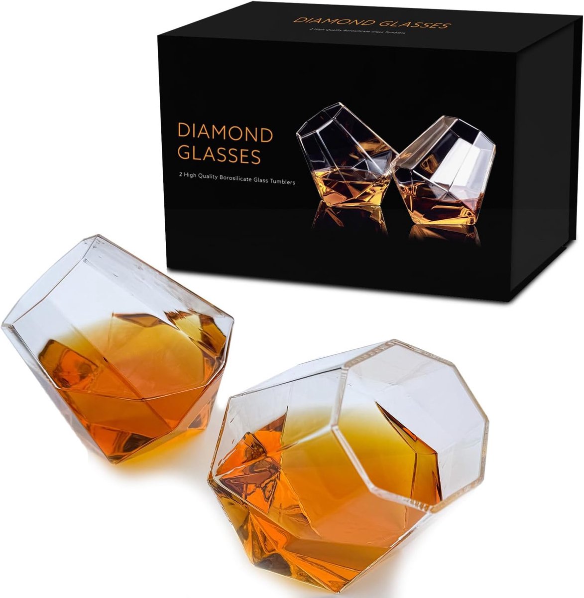 SnelShoppen - Set van 2 Diamantglazen Whiskyglazen - Fancy Draaibaar in Voet - Robuust Hittebestendig Borosilicaatglas - Luxe Geschenkverpakking voor