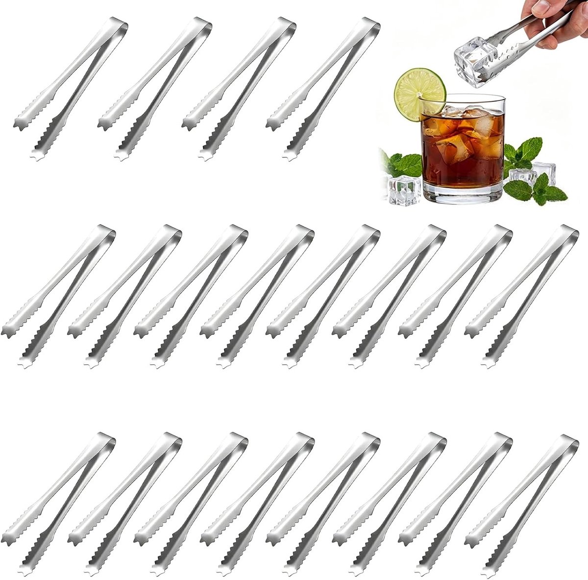 Roestvrijstalen ijstangen set van 20 stuks, multifunctionele serveertang voor ijs, snoep en salades, 15,5 cm lang, ideaal voor bruiloften en feesten
