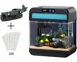 AquaImpact Zelfreinigend Aquarium 13 L – Vliegtuig - 20 Filters - Decoratie - Set met 3‑in‑1 Pomp - LED & Touch Display – Timer & Dim Functie - Incl. Luchtbevochtiger - Garnalen Aquarium